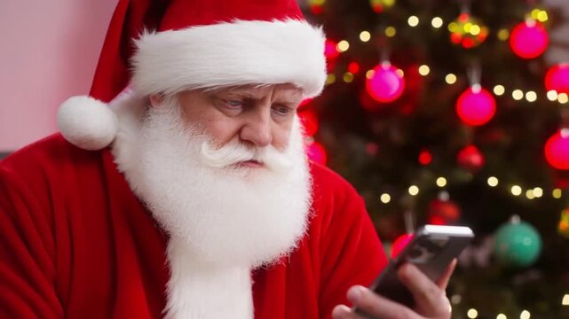 Santa Claus using a smartphone app to control smart Christmas lights. A techie and festive holiday setup scene.