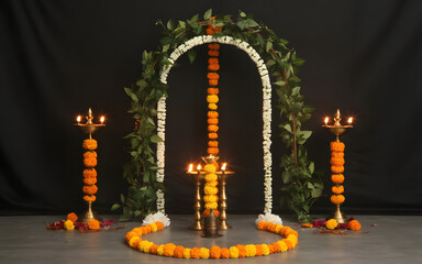 Devotional Floral Vine Arch Backdrop with Marigolds and Glowing Lamps in Sacred Light