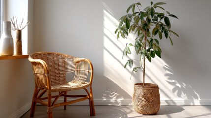 Bright interior corner features wicker chair potted plant and windowsill vases receiving sun