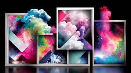 A collection of framed artworks featuring vibrant, abstract colorful smoke and nebula imagery, presented against a dark background with reflections.