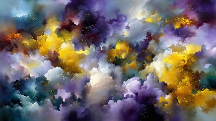 An abstract, vibrant background composed of swirling clouds of colorful smoke in shades of purple, yellow, blue, and white, with small glittering golden particl