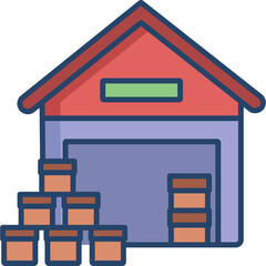 Red Roof Warehouse With Blue Walls And Stacked Boxes In Front On A Transparent Background With A Green Rectangular Sign Above The Entrance