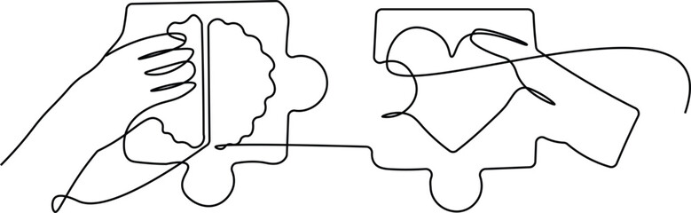 Continuous one line drawing of Wellness, body and brain harmony, meditation or healthcare concept. Female or male character hands hold heart and human brain puzzle. Mental and physical health, connect