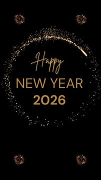 Happy New Year 2026 vertical video, black and gold card with animated gold fireworks and motion graphics with glitter