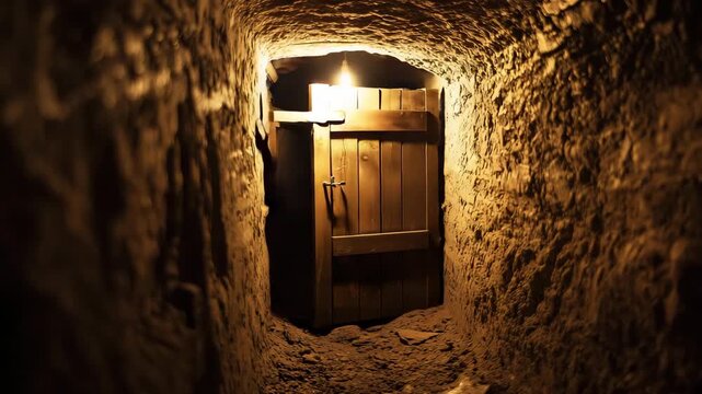 A narrow underground tunnel is shown, leading to a wooden door illuminated by a single hanging light bulb, with earthy walls