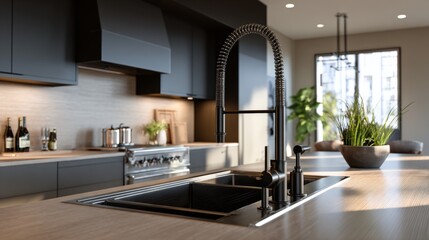 Modern dark gray kitchen interior featuring a prominent coil spring faucet over a sink