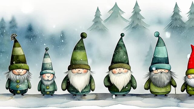 Cute animated gnomes in a snowy winter forest. Watercolor Christmas illustration with falling snow. Festive holiday greeting card background