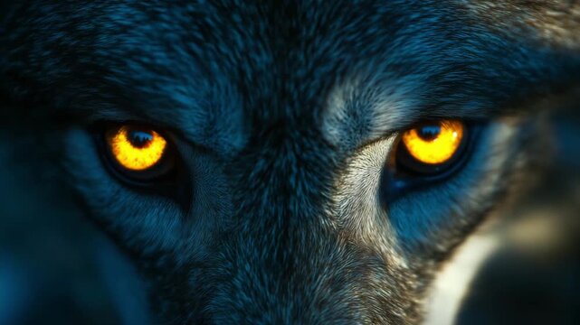 A wolf stares directly at the camera, showcasing its piercing yellow eyes under the night sky in the wilderness
