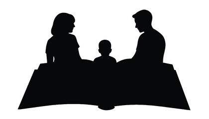 A silhouette of a family of three sitting together at a table