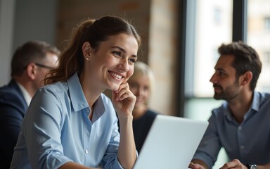 Professional business lady listens to discussion at interesting financial office board meeting. Busy executive smiling lady lawyer analyst brainstorm with colleague, doing project, looking at the side