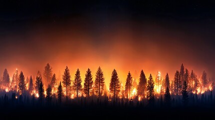 A dense forest is engulfed in flames at night, with bright orange fire illuminating the trees and smoke rising into the dark sky.