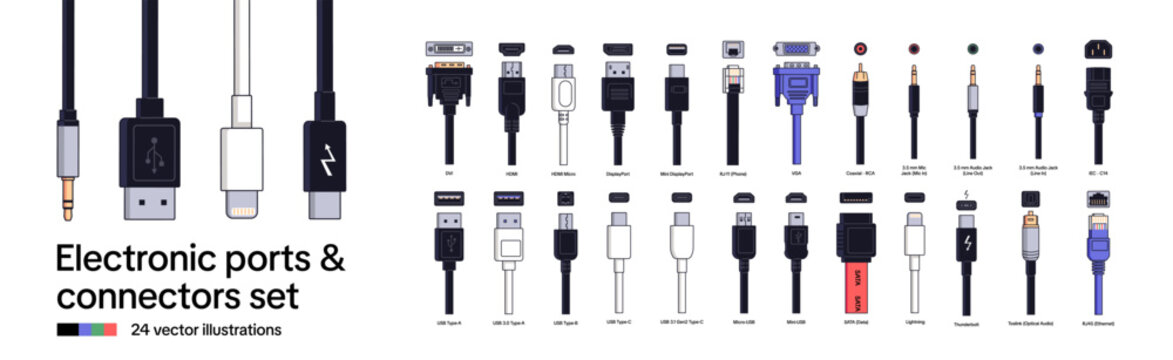 Set of electronic ports and connectors. Different cables for devices: micro and mini USB, DVI, HDMI, type C and lightning. Plugs and sockets. Flat isolated vector illustrations on a white background