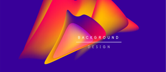 Abstract fluid shapes, vibrant colors blend. Purple backdrop highlights orange, yellow curves. Text reads background design. Modern visual concept.
