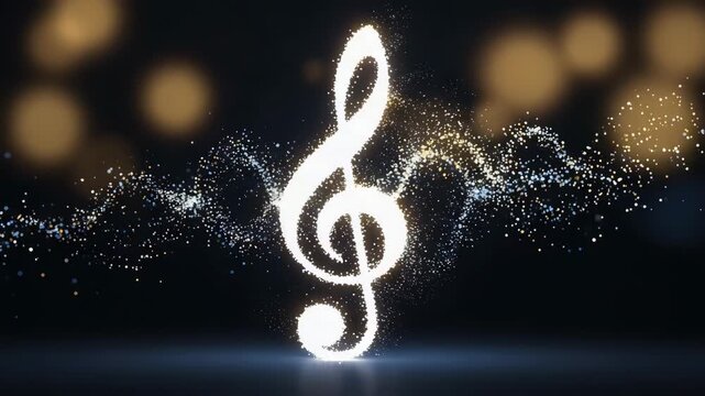 Glowing treble clef animated with particle effects against dark bokeh background
