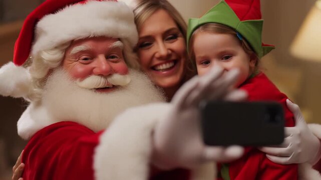 Santa Claus taking a festive family selfie with his phone. A joyful and social Christmas moment for social media themes.
