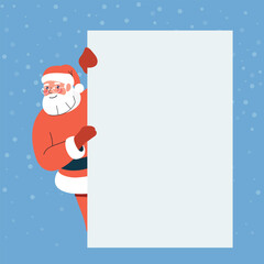 Santa Claus peeking from behind wall . Vector flat illustration