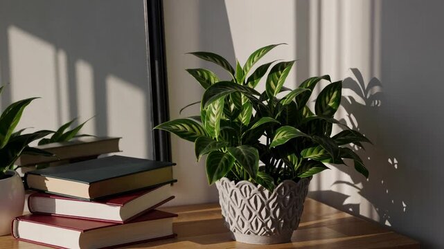 Potted plant with green leaf bathed in sunlight casting shadow on wooden table, stack of books, cozy home interior, tranquil peaceful atmosphere