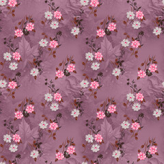 Delicate floral pattern in muted mauve offers a touch of romance for fashion, textiles, or backgrounds, with botanical accents and vintage charm