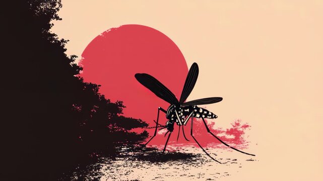 Mosquito hovering near water in a sunset scene with trees, highlighting its role in disease transmission and vector control efforts