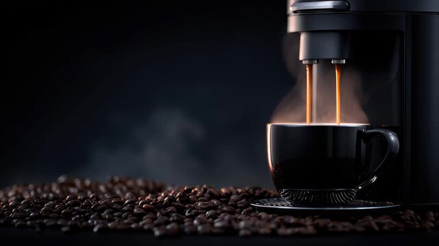 Fresh coffee pours from a modern machine into a black cup surrounded by coffee beans and steam in a cozy kitchen setting