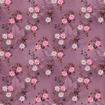 Delicate floral pattern in muted mauve offers a touch of romance for fashion, textiles, or backgrounds, with botanical accents and vintage charm