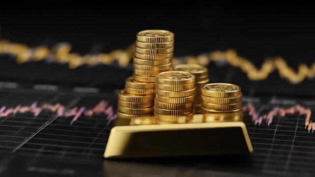 Stacks of coins and a gold bar sit before a fluctuating chart, suggesting wealth, risk, and markets