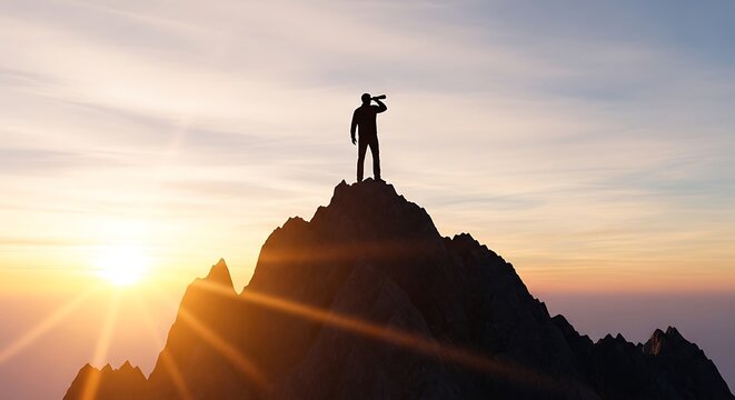Silhouette of a hiker on a mountain peak observing the sunrise with binoculars