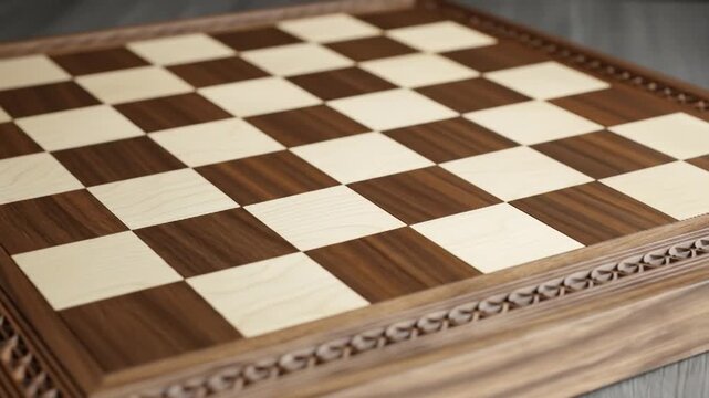 Close-up view of a beautifully crafted wooden chessboard with intricate side detailing