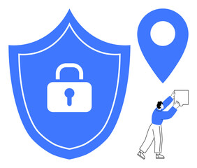 Security concept. Shield with padlock, GPS pin, and person lifting an item protection and navigation. Security for online data, location tracking, and logistics management. Suitable for technology