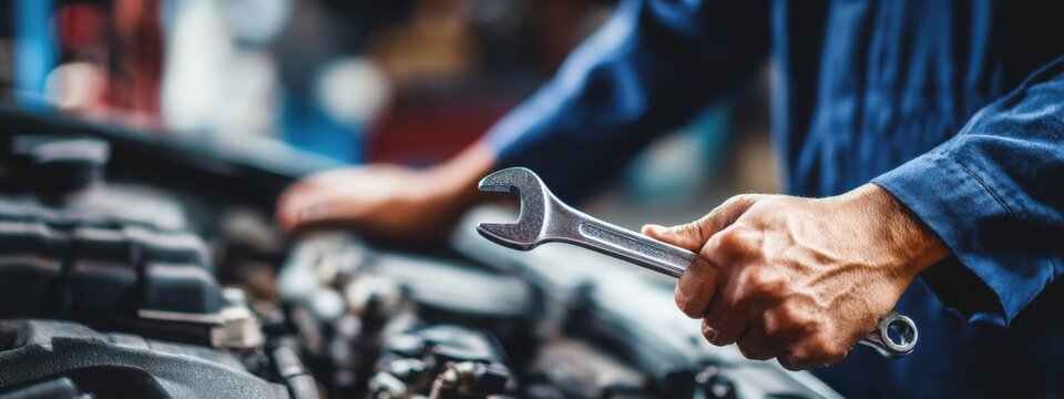car mechanic in a blue uniform working with a wrench at a car service, close-up of a man's hands holding a spanner or torque tool on an open hood for engine repair. - Powered by Adobe