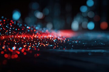 Glowing dots blur, weaving red and blue lines in the dark