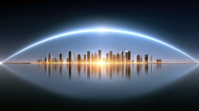 A modern cityscape with illuminated skyscrapers reflected in calm water, under a glowing blue arc against a dark sky.