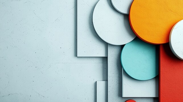 An abstract composition featuring overlapping geometric shapes like circles and rectangles in various colors, set against a textured, light blue background. The
