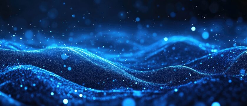Blue data wave with glittering specks on dark background