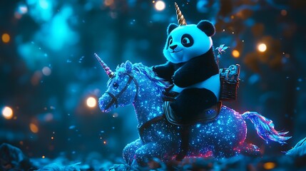 Stuffed panda riding a glowing unicorn