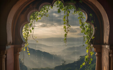 Monsoon Stone Arch Backdrop Over Misty Indian Valley with Emerald Vines and Rainlight Romance