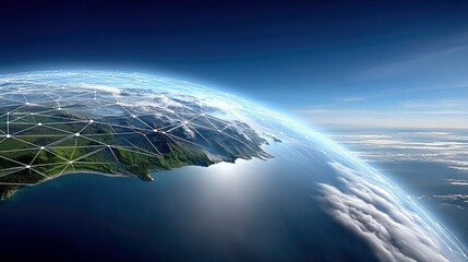 A digital network overlay connects points across the surface of the Earth, showing landmasses, oceans, and clouds from space.