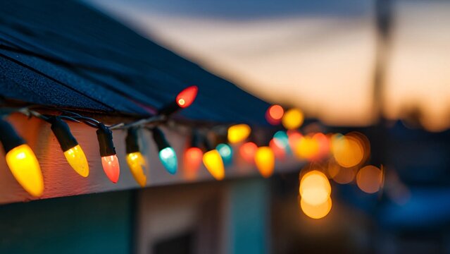 Colorful garland string of Christmas lights attached to the edge of a roof decoration. String of multicolored C7 or C9 Christmas lights bulbs installed along the eaves of a roof blur bokeh background 