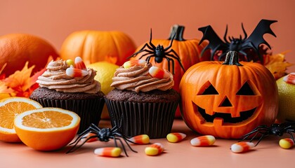 Spooky treats pumpkins, cupcakes, spiders on peach background