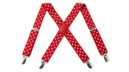 Bright red suspenders featuring a white polka dot pattern shown against a dark background