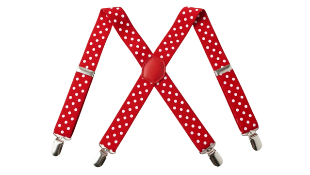 Bright red suspenders featuring a white polka dot pattern shown against a dark background