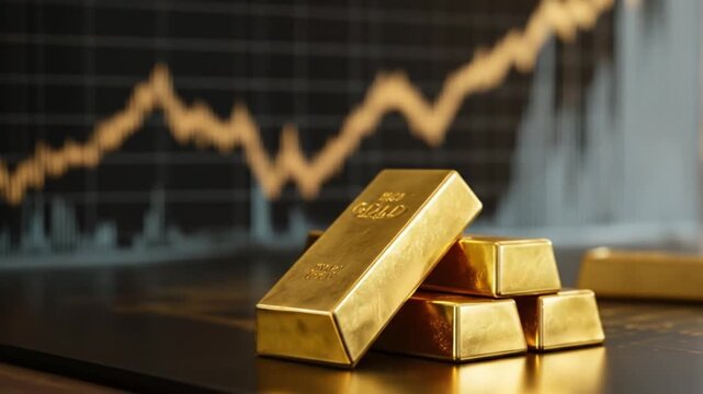 Gleaming goldbars stacked beside a volatile financial chartsymbolizing wealth and market risk today