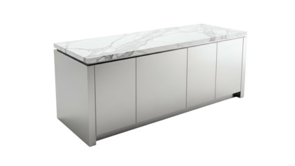 Modern, rectangular kitchen island with a marble countertop and minimalist doors