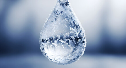 Frozen water droplet with ice crystals on soft blue background