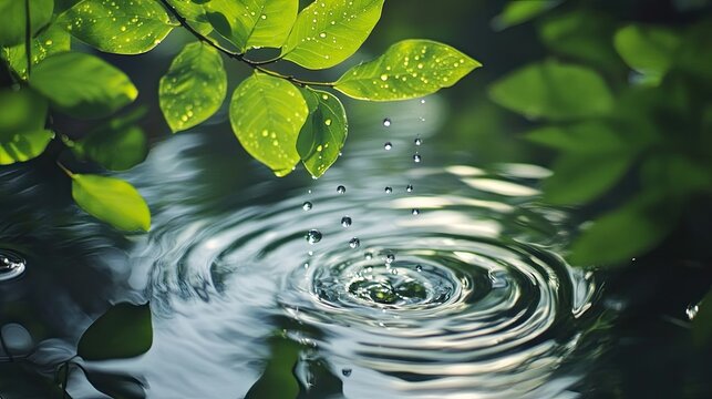 Dripping leaves make ripples on reflective water surface