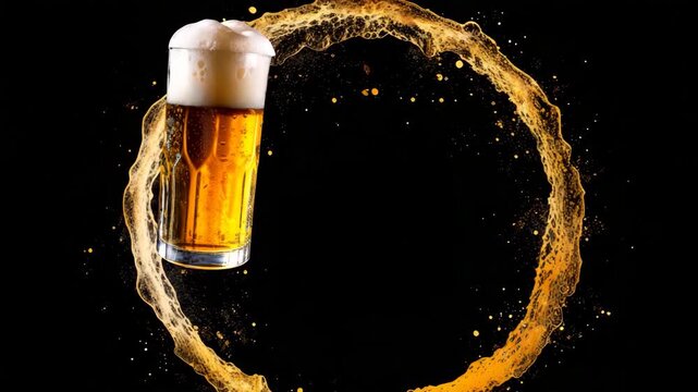 Splash beer ring with glass on black background

