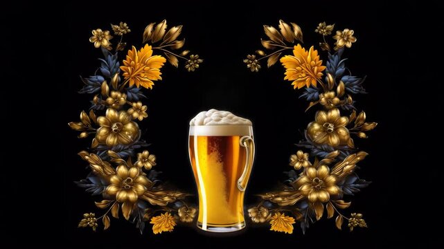 Glass of beer with golden floral ornament
