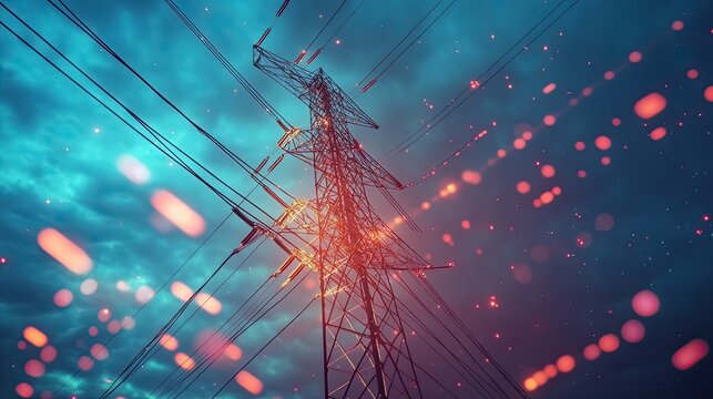 Power tower against clouded, blue sky, with bokeh overlay