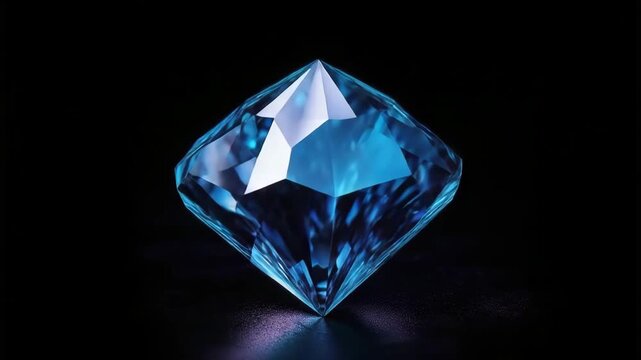 Shiny transparent blue gemstone reflecting light in dark