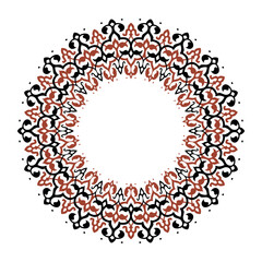 Circular mandala-like design with intricate repeating patterns in black and burnt orange. This ornate, stylized motif is perfect for adding a decorative and traditional touch to designs